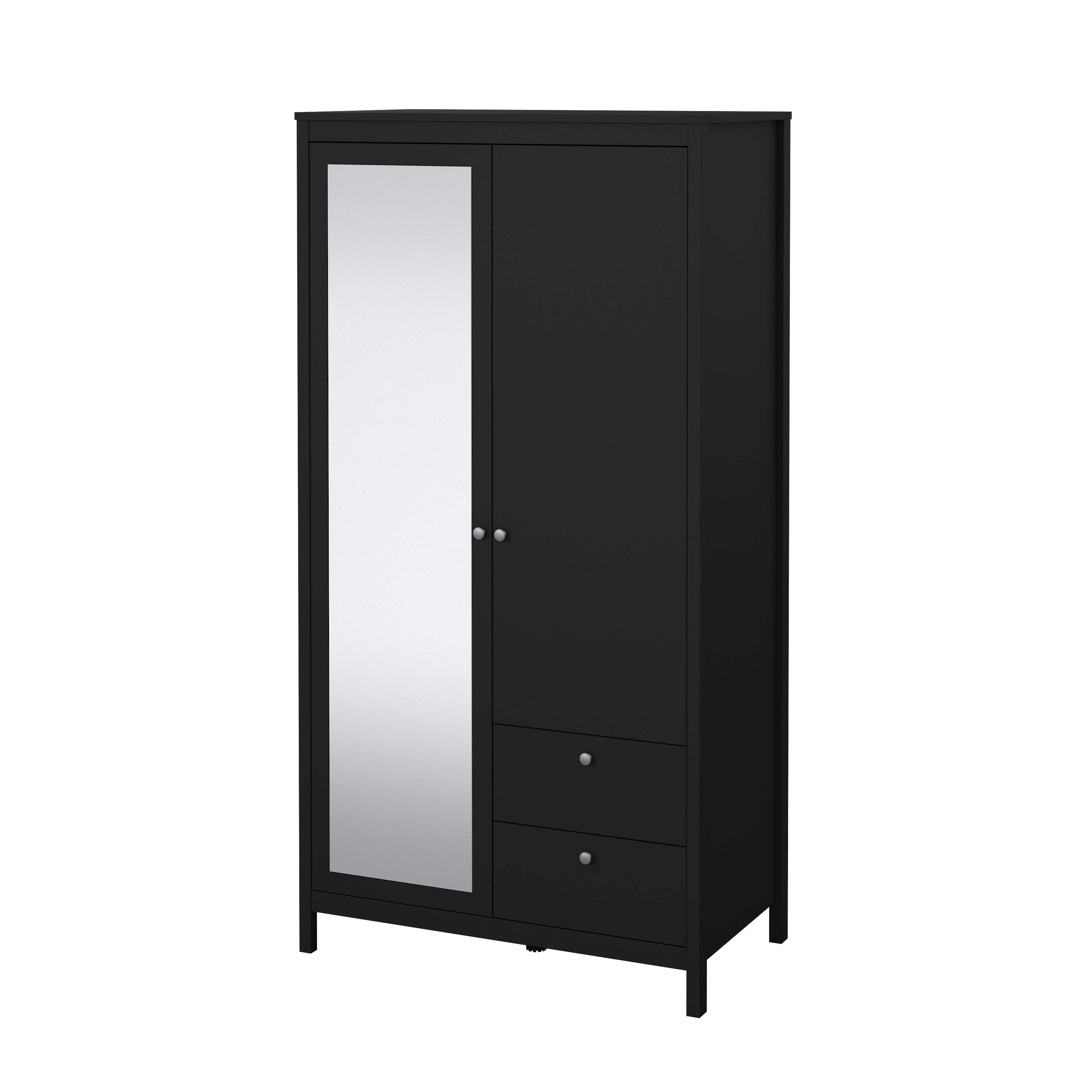 Madrid Wardrobe with 1 door + 1 mirror door + 2 drawers - Black   - 79658gmgm