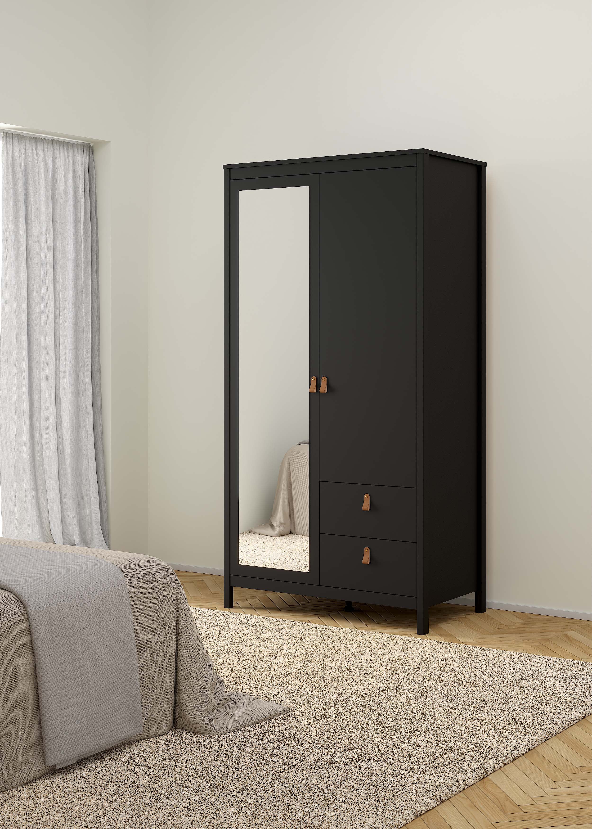 Madrid Wardrobe with 1 door + 1 mirror door + 2 drawers - Black   - 79658gmgm