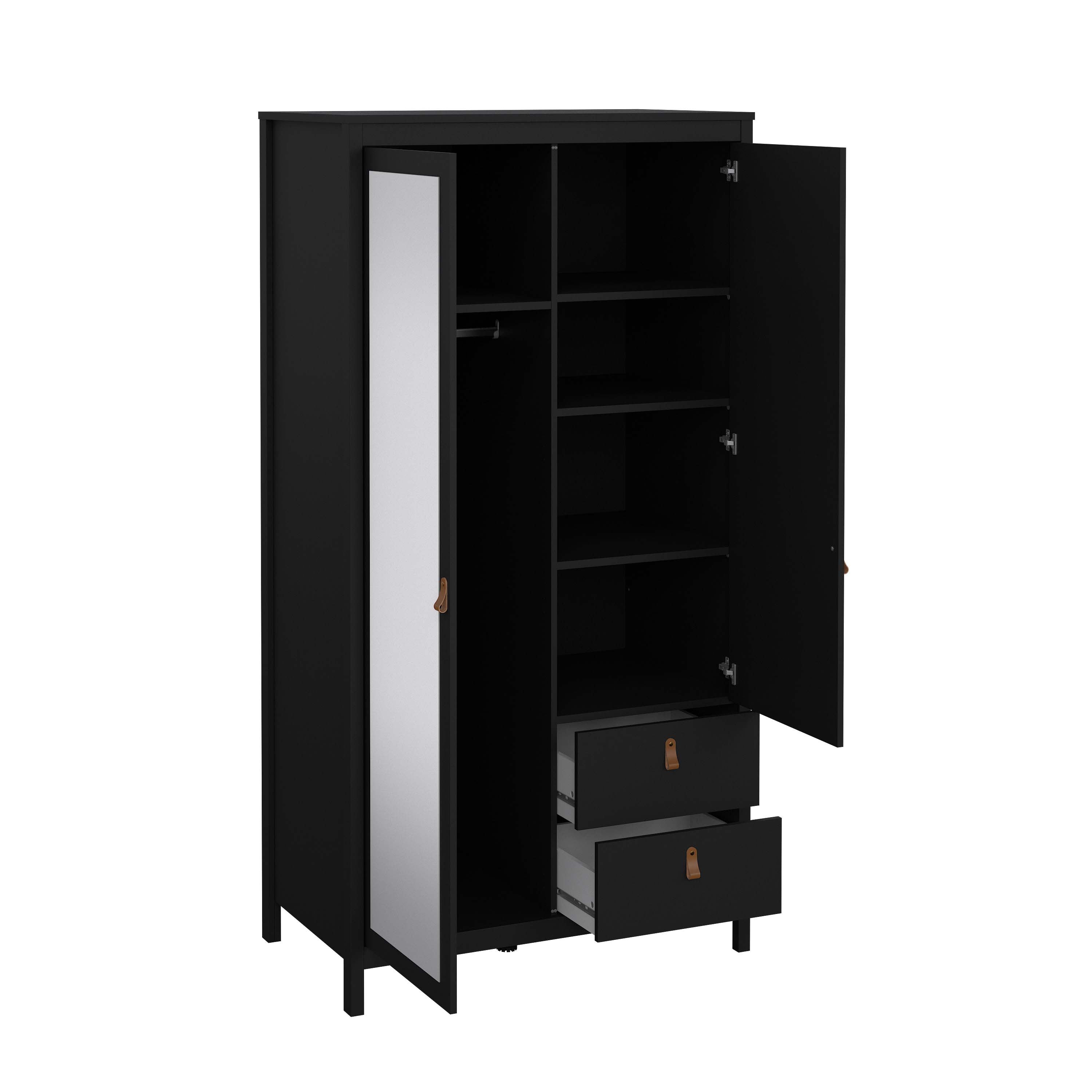 Madrid Wardrobe with 1 door + 1 mirror door + 2 drawers - Black   - 79658gmgm