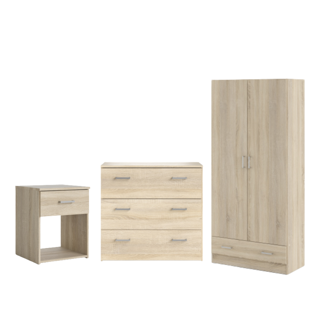 Space 3 Piece Set  (2 Door 1 Drawer  Robe 3 Drawer Chest Nightstand)-Oak